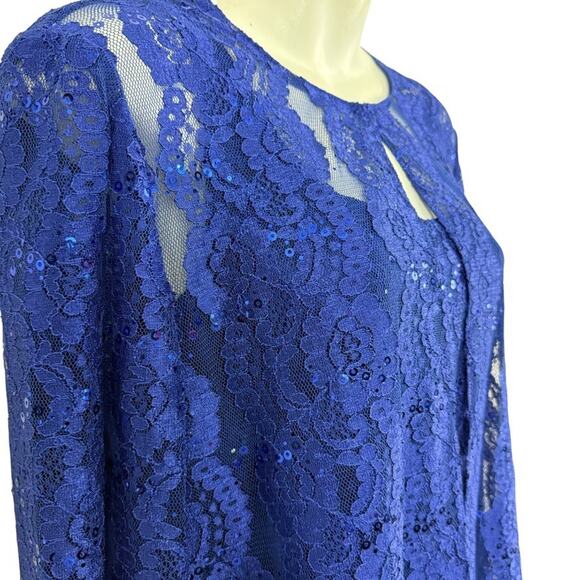 Alex Evenings Blue Lace Sleeveless Dress & Sheer Jacket Set Sequin Party sz 10 - Picture 4 of 16